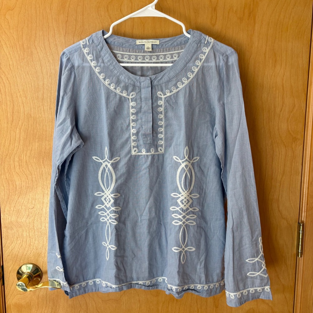 Banana Republic Tunic Top Women L Blue Embroidered Cotton Long Sleeve 762337-00